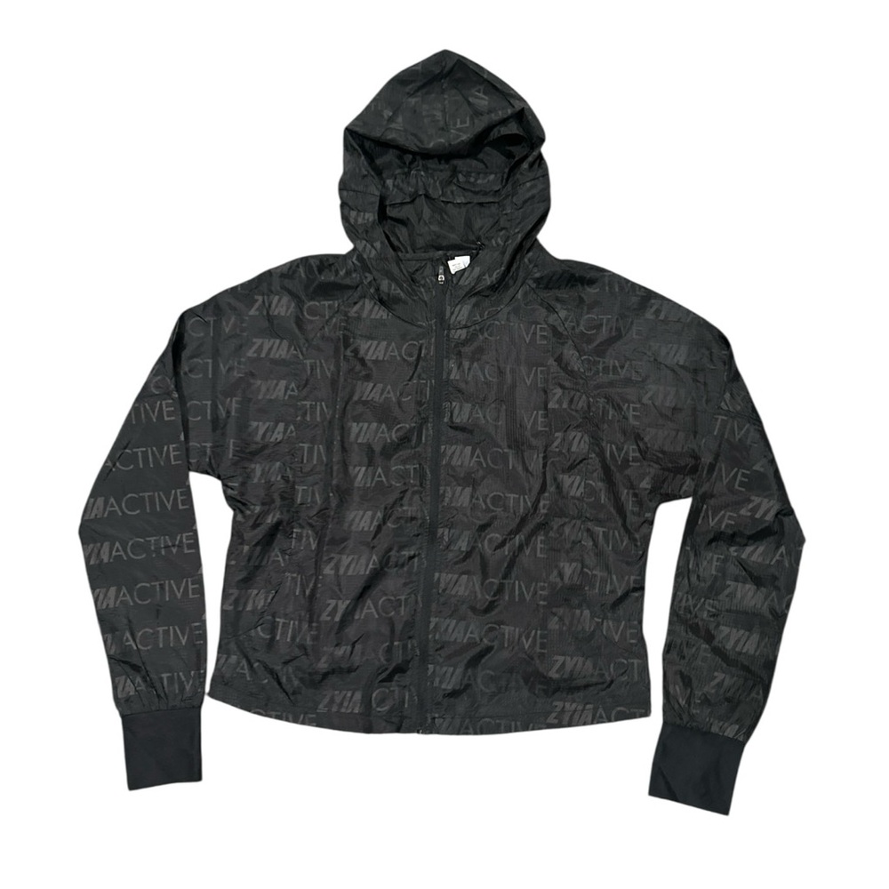 NWT Zyia Active Jacket Women’s Full Zip Black Spellout Hooded Windbreaker Size M